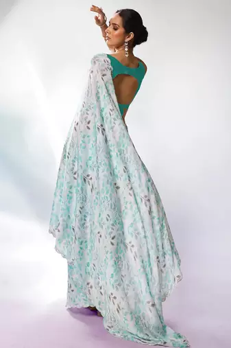 Printed Embellished Beads And Stones Satin Saree