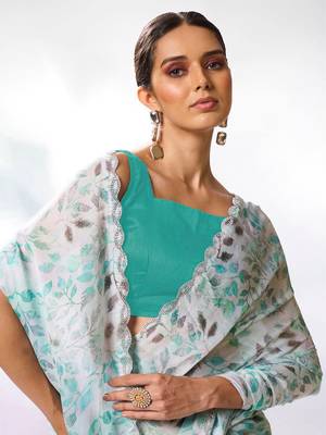 Printed Embellished Beads And Stones Satin Saree 5