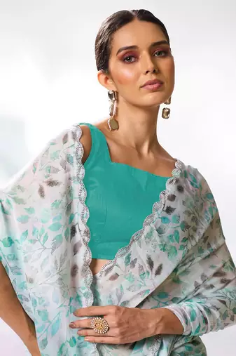 Printed Embellished Beads And Stones Satin Saree
