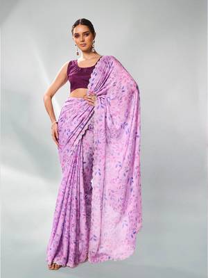 Printed Embellished Beads And Stones Satin Saree 1