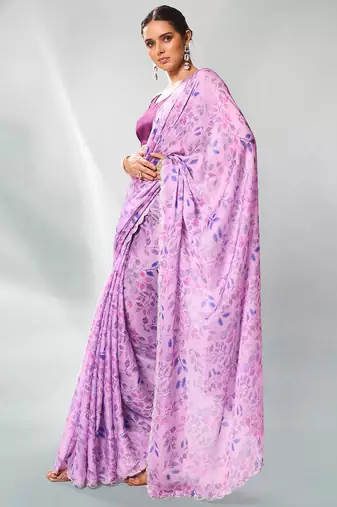 Printed Embellished Beads And Stones Satin Saree