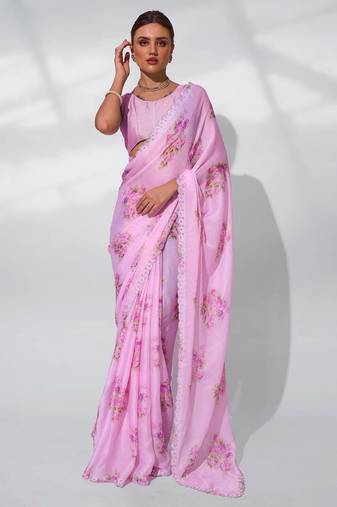 Printed Embellished Beads And Stones Satin Saree