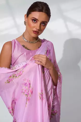 Printed Embellished Beads And Stones Satin Saree