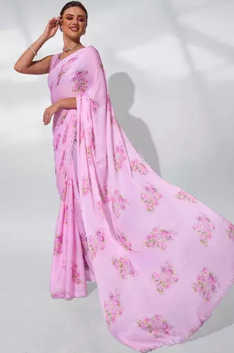 Printed Embellished Beads And Stones Satin Saree