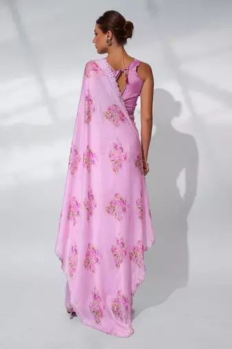 Printed Embellished Beads And Stones Satin Saree