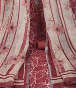 Linen floral-printed unstitched suit set paired with a contrast-coloured dupatta.