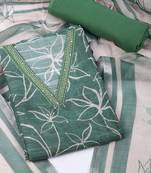 Linen floral-printed unstitched suit set paired with a contrast-coloured dupatta.