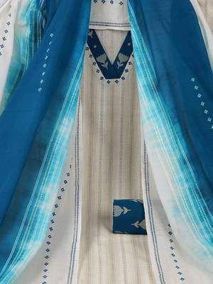 Cotton flex stripe unstitched suit set with printed bottom and dupatta. 1