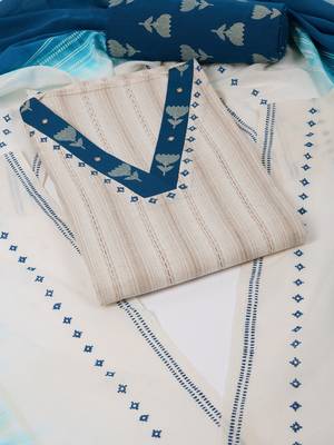 Cotton flex stripe unstitched suit set with printed bottom and dupatta. 3
