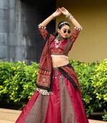  Maroon Printed With Gotta Cowrie (Kodi) Cotton Lehenga Choli For Navratri Garba