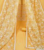 Unstitched suits set is evelated with delicate white thread embroidery and organza dupatta.