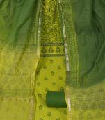 Unstitched lime green south cotton suit set with a mix-match block printed yoke.