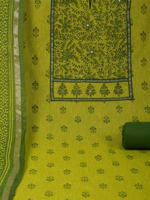 Unstitched lime green south cotton suit set with a mix-match block printed yoke. 2