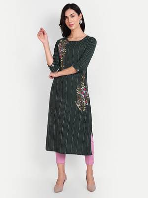 Dark green khadi cotton kurti with handwork 1