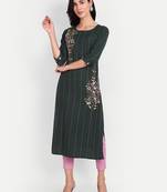 Dark green khadi cotton kurti with handwork