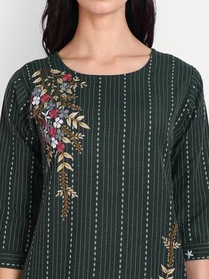 Dark green khadi cotton kurti with handwork 2