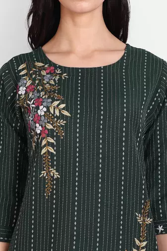 Dark green khadi cotton kurti with handwork