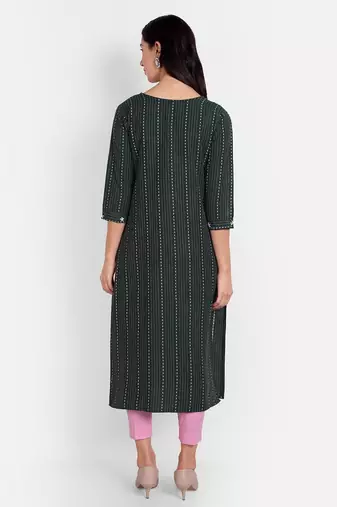 Dark green khadi cotton kurti with handwork