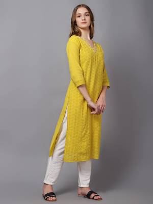 Yellow cambric chikankari kurti with handwork 2