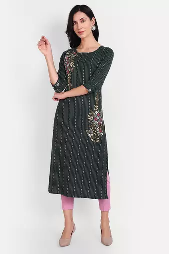 Dark green khadi cotton kurti with handwork