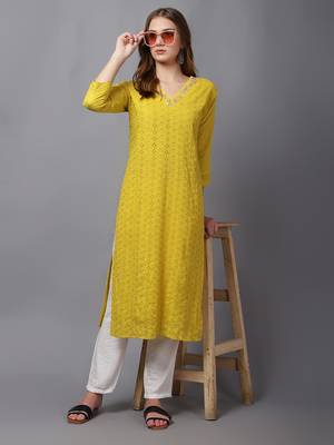 Yellow cambric chikankari kurti with handwork 1