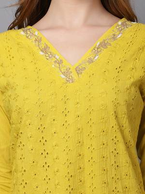 Yellow cambric chikankari kurti with handwork 3