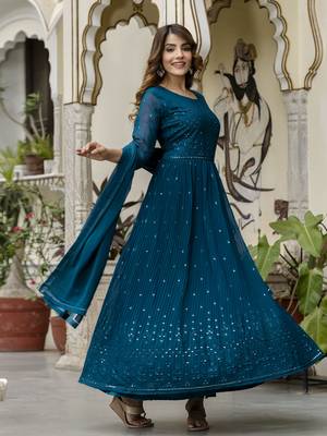 Dark Blue Santoon Anarkali Dress 3 pieces Salwar Kameez set 5