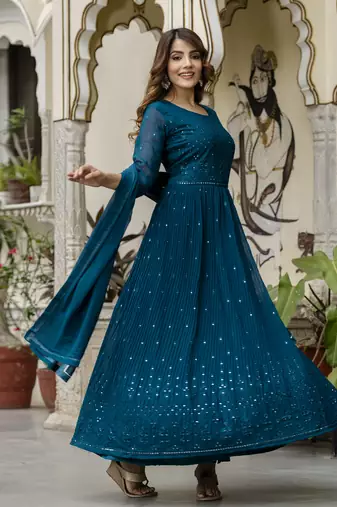 Trendmalls Dark Blue Santoon Anarkali Dress 3 pieces Salwar Kameez set