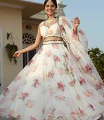White Floral Digital Print With Embroidered Organza Designer Lehenga Choli For Bride