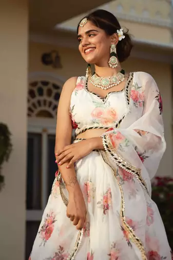 White Floral Digital Print With Embroidered Organza Designer Lehenga Choli For Bride
