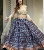 Spellbinding Blue Digital Print With Gota Patti Worked Art-Silk Designer Lehenga Choli For Bride