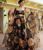 Seductive Black Digital Print With Gota Patti Worked Organza Designer Lehenga Choli For Bride