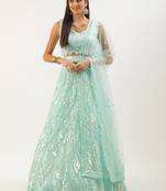 Blue Multiple Sequins And Thread Embroidered Soft Designer Lehenga Choli For Bride