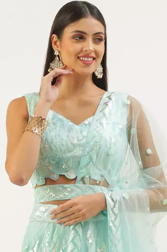 Blue Multiple Sequins And Thread Embroidered Soft Designer Lehenga Choli For Bride