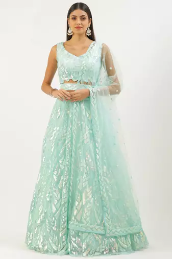 Blue Multiple Sequins And Thread Embroidered Soft Designer Lehenga Choli For Bride