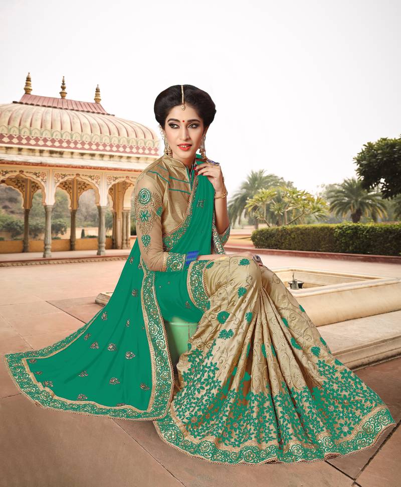Trendmalls Womens Silk Heavy Embroidery Half & Half Green Party Wear Saree With Blouse