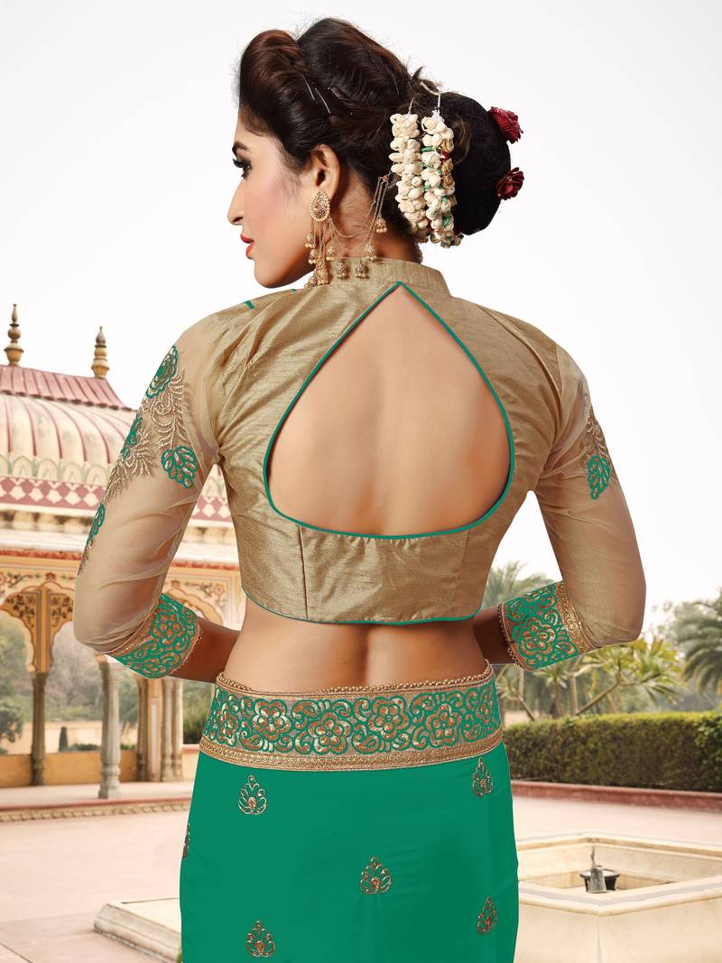 Trendmalls Womens Silk Heavy Embroidery Half & Half Green Party Wear Saree With Blouse