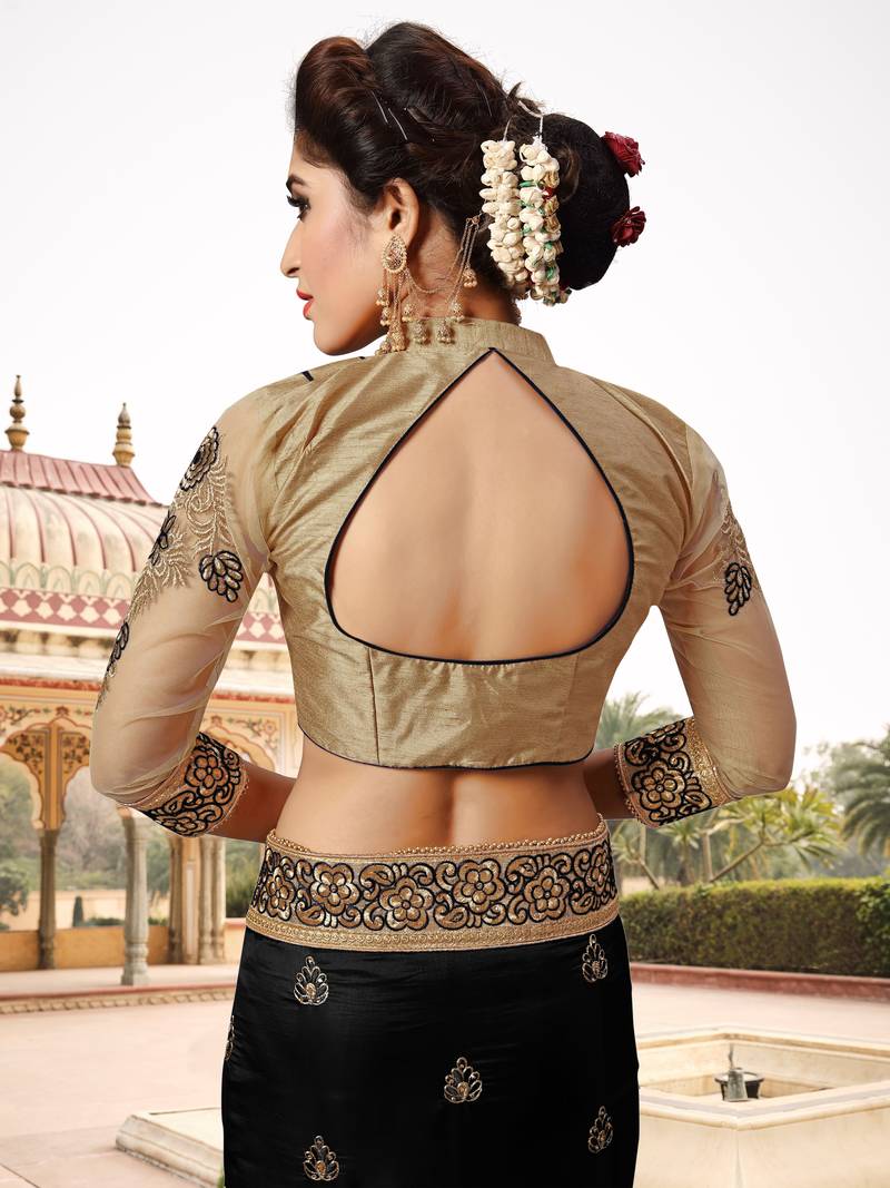 Trendmalls Light Black Silk Fabric Embroidery Designer Indian Wedding Saree with Blouse
