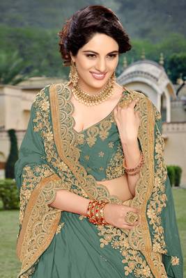 Trendmalls Steel Green  Silk Heavy Embroidery Work Party Wear Saree With Blouse 6