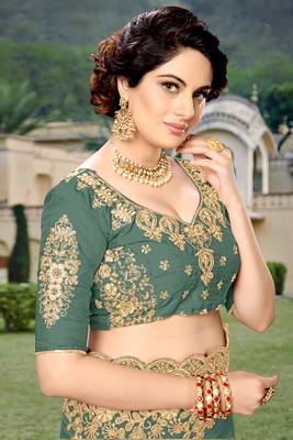 Trendmalls Steel Green  Silk Heavy Embroidery Work Party Wear Saree With Blouse 7