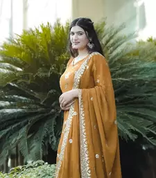 Mustard Georgette and Silk Embroidered Anarkali Salwar Suit