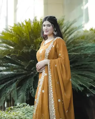 Mustard Georgette and Silk Embroidered Anarkali Salwar Suit 2