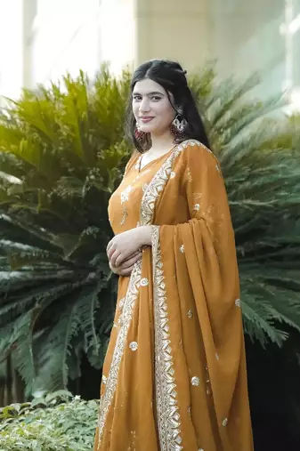 Mustard Georgette and Silk Embroidered Anarkali Salwar Suit