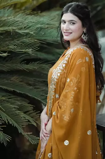 Mustard Georgette and Silk Embroidered Anarkali Salwar Suit