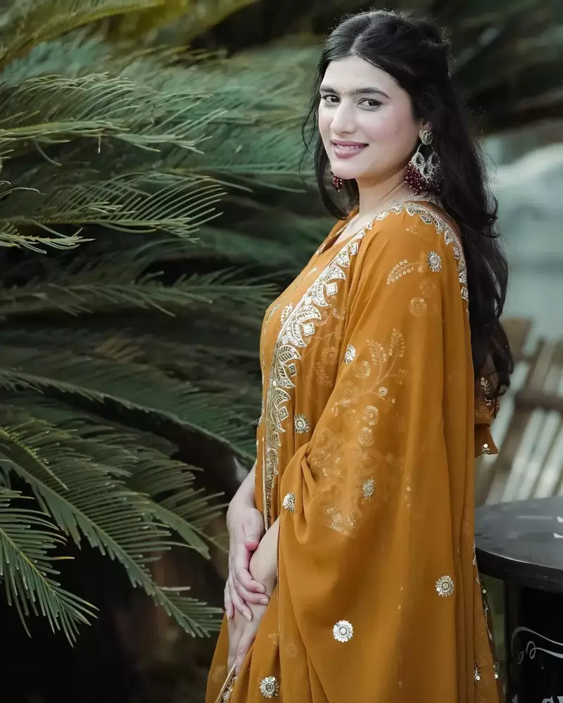 Mustard Georgette and Silk Embroidered Anarkali Salwar Suit