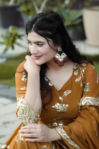 Mustard Georgette and Silk Embroidered Anarkali Salwar Suit