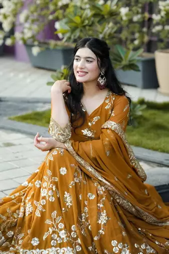 Mustard Georgette and Silk Embroidered Anarkali Salwar Suit