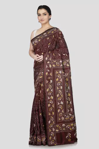 Pinkloom women's brown pure silk kantha work saree with running blouse piece