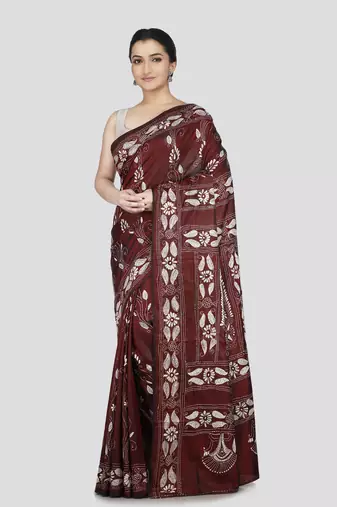 Pinkloom women's brown pure silk kantha work saree with running blouse piece
