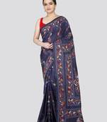 Pinkloom women's blue pure silk kantha work saree with running blouse piece
